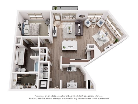 Floor plan for 1 bed, 1 bath, 1010 sqft